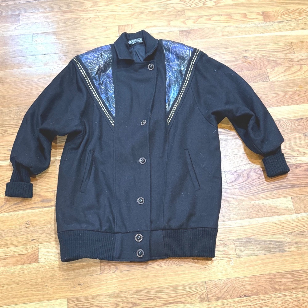 Vintage Russell Scott 80s Wool Bomber Jacket Metallic Iridescent Trim Black USA‎